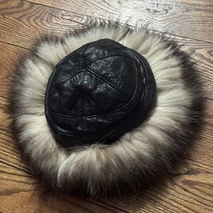 Black Leather Fur-Trimmed Hat